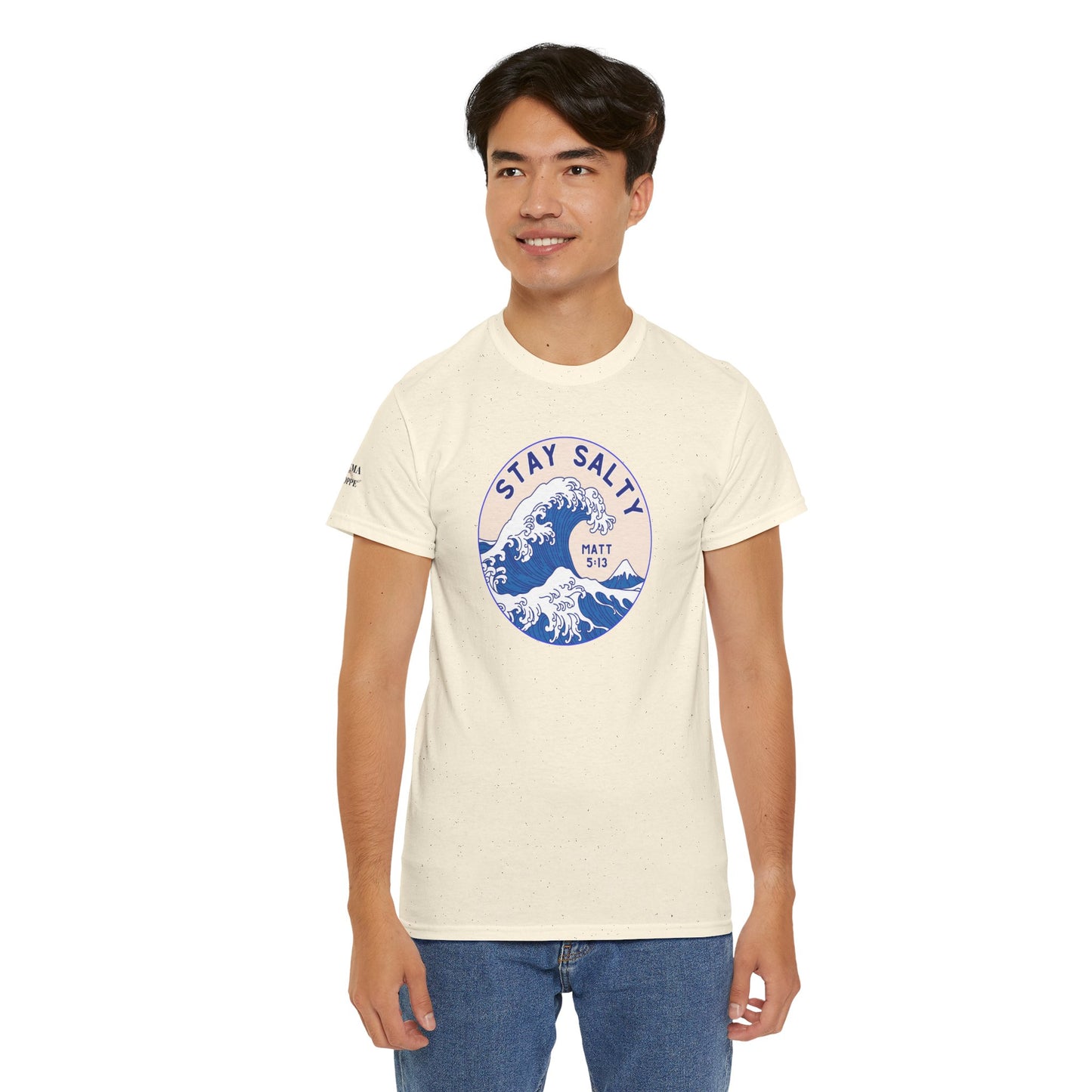 Stay Salty Surf T-Shirt — Coastal Wave Graphic with Matthew 5:13 (Hokusai-Inspired)