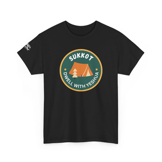 Sukkot Camping Tee — “Dwell With Yeshua” Biblical Feast T‑Shirt