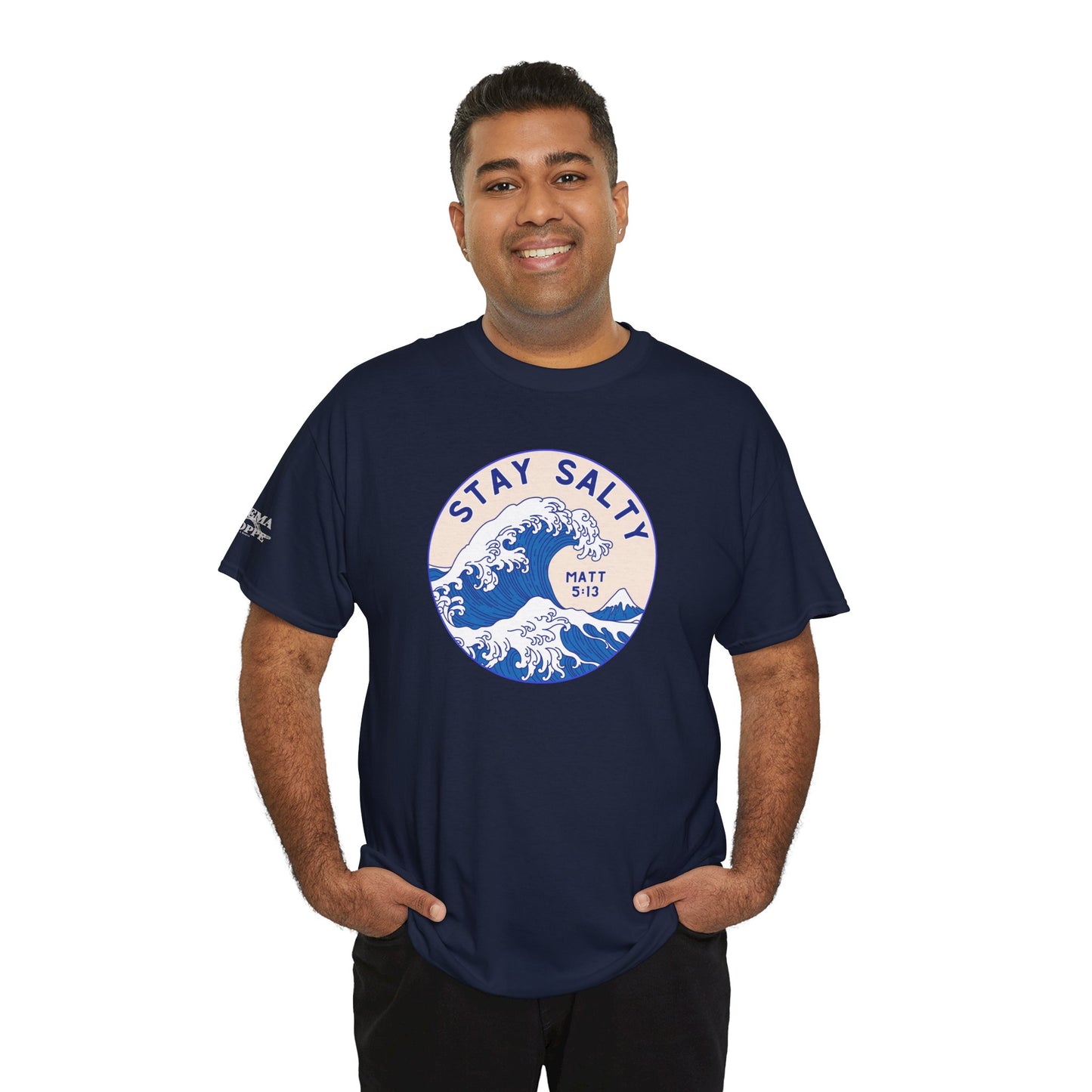 Stay Salty Surf T-Shirt — Coastal Wave Graphic with Matthew 5:13 (Hokusai-Inspired)