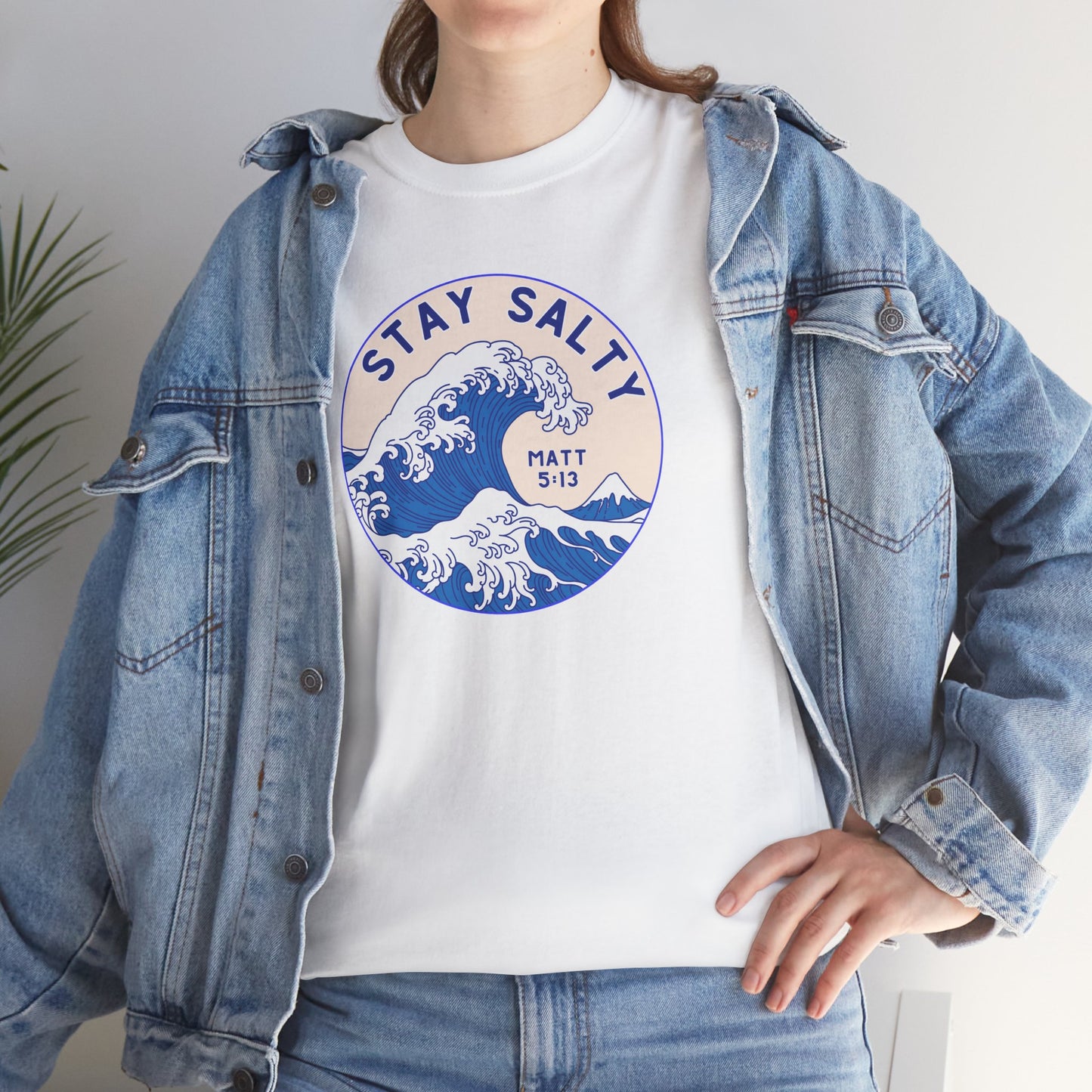 Stay Salty Surf T-Shirt — Coastal Wave Graphic with Matthew 5:13 (Hokusai-Inspired)
