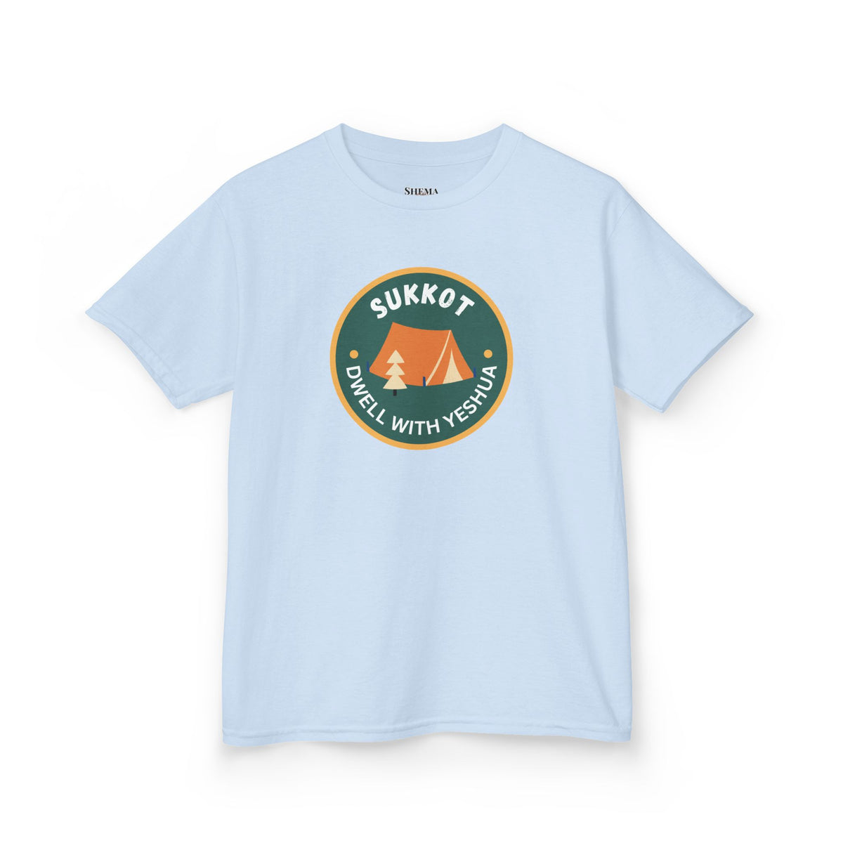 Kids Sukkot Tee — 'Sukkot - Dwell with Yeshua' Camping Badge Shirt
