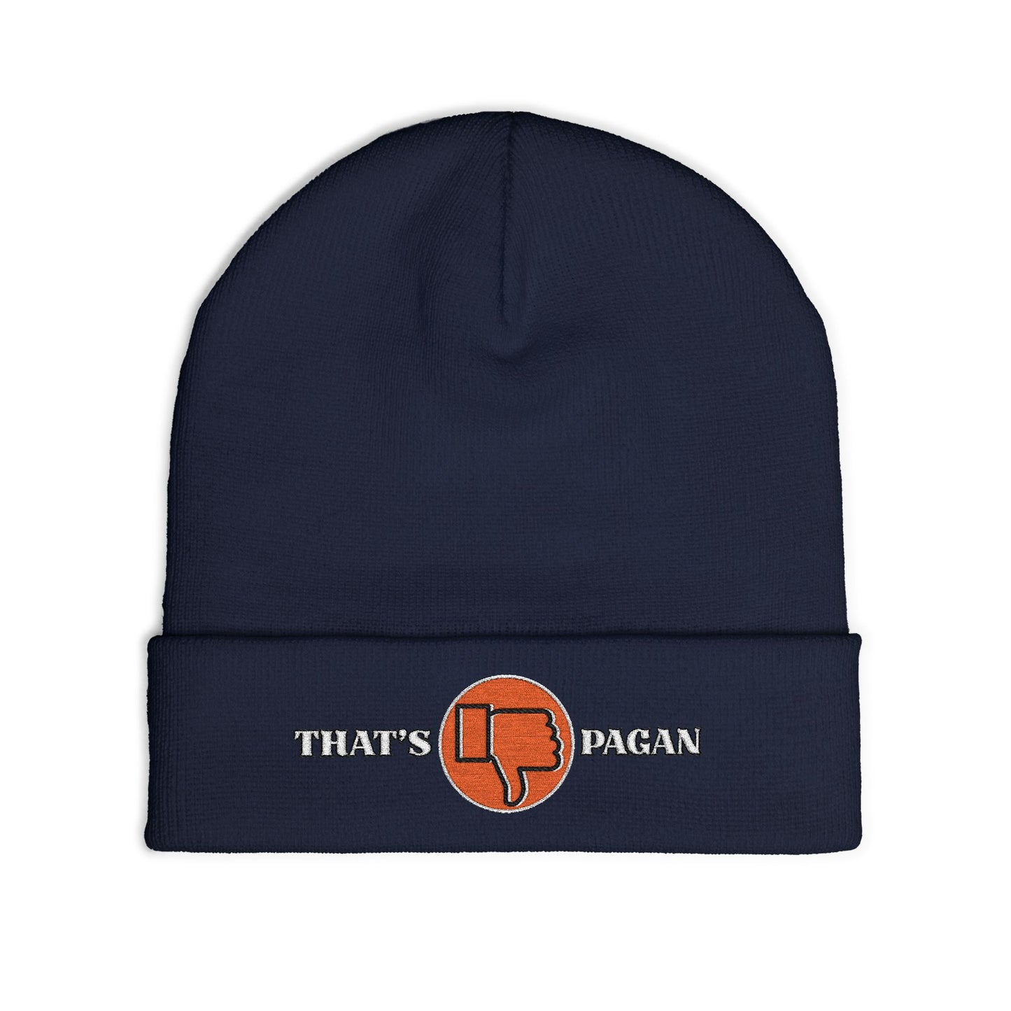 Embroidered 'That's Pagan' Knit Beanie — Thumbs Down Logo Winter Hat