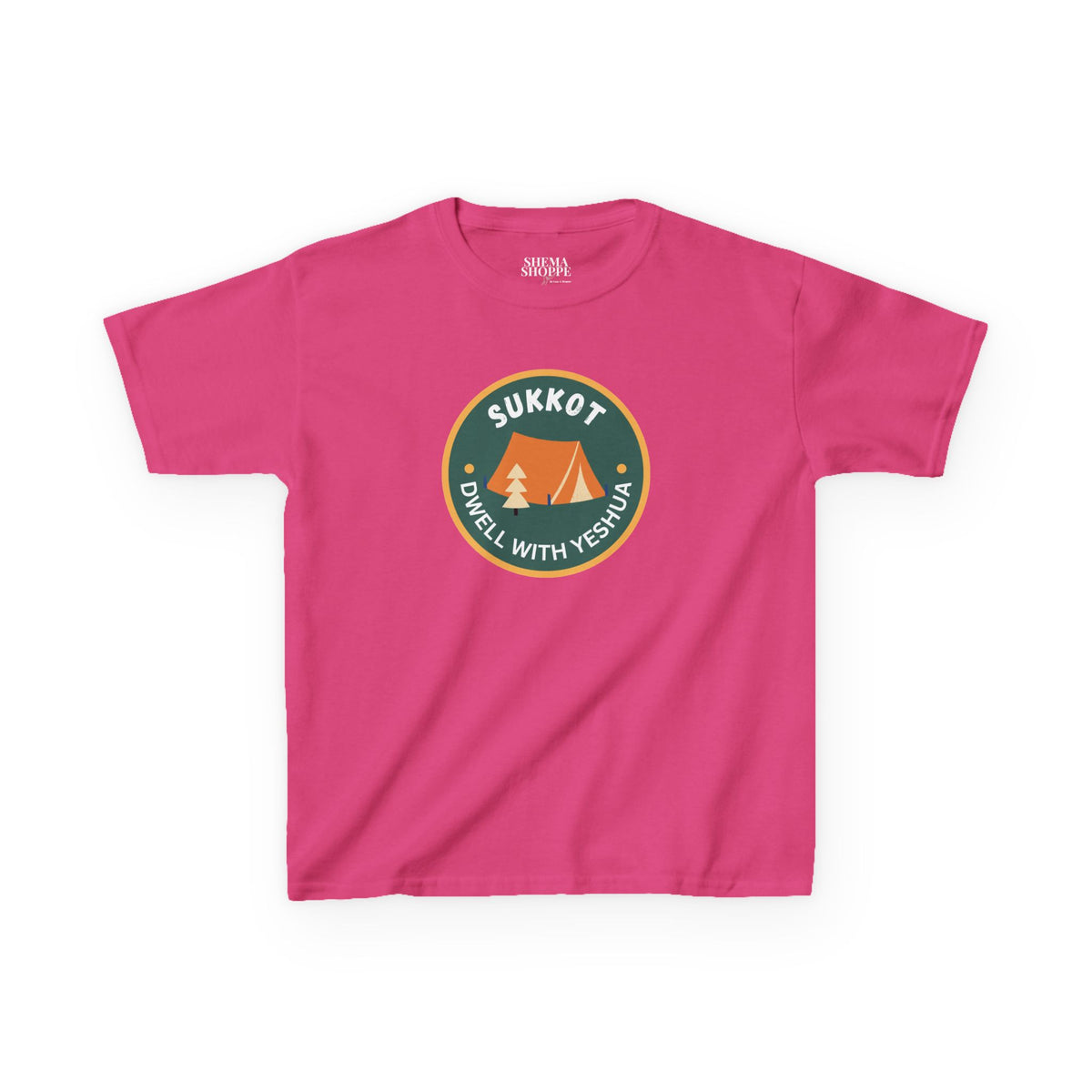 Kids Sukkot Tee — 'Sukkot - Dwell with Yeshua' Camping Badge Shirt