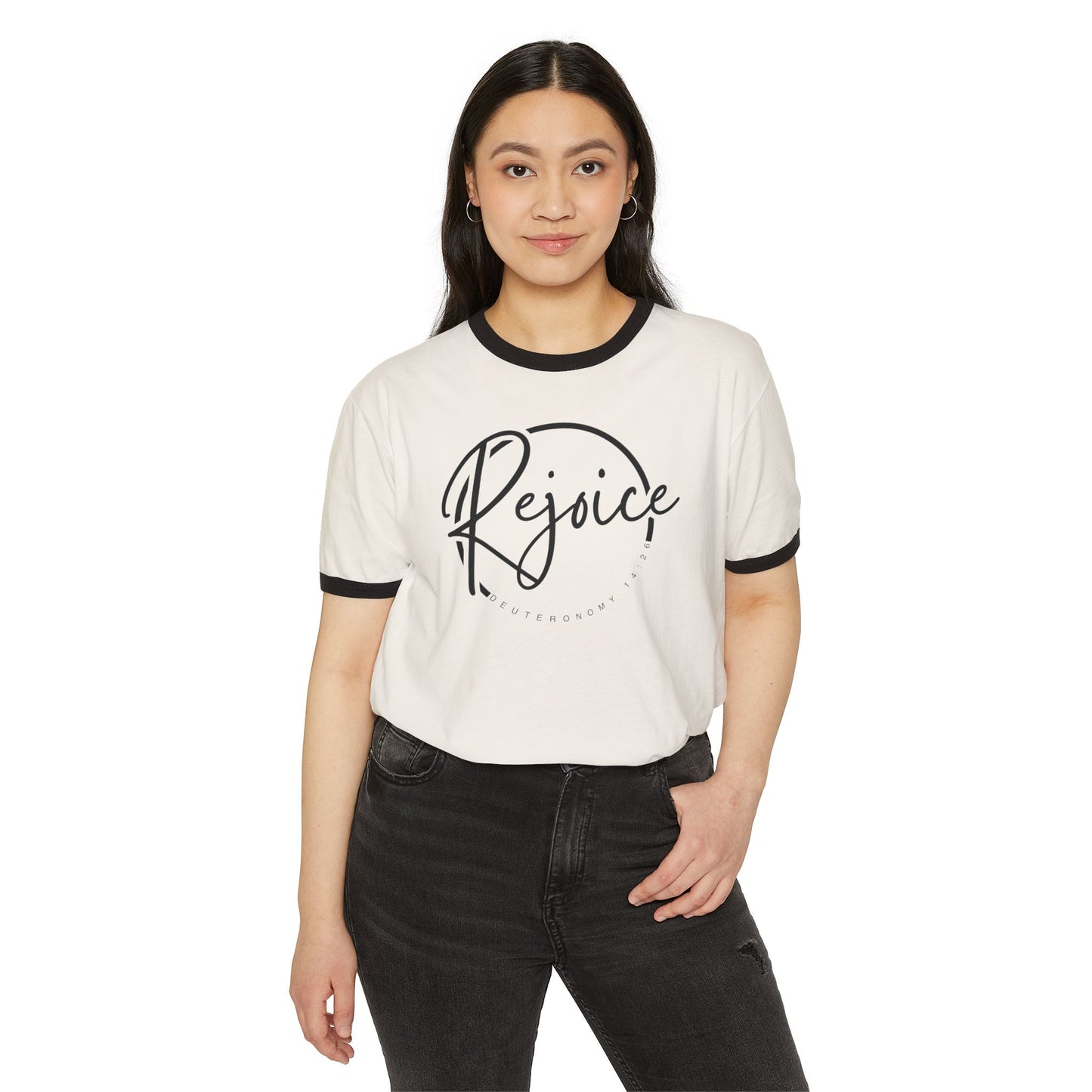 Rejoice Script Ringer Tee — Inspirational Torah Inspired Biblical Feast Graphic T-Shirt