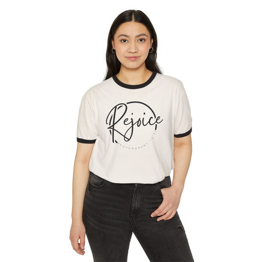 Rejoice Script Ringer Tee — Inspirational Torah Inspired Biblical Feast Graphic T-Shirt