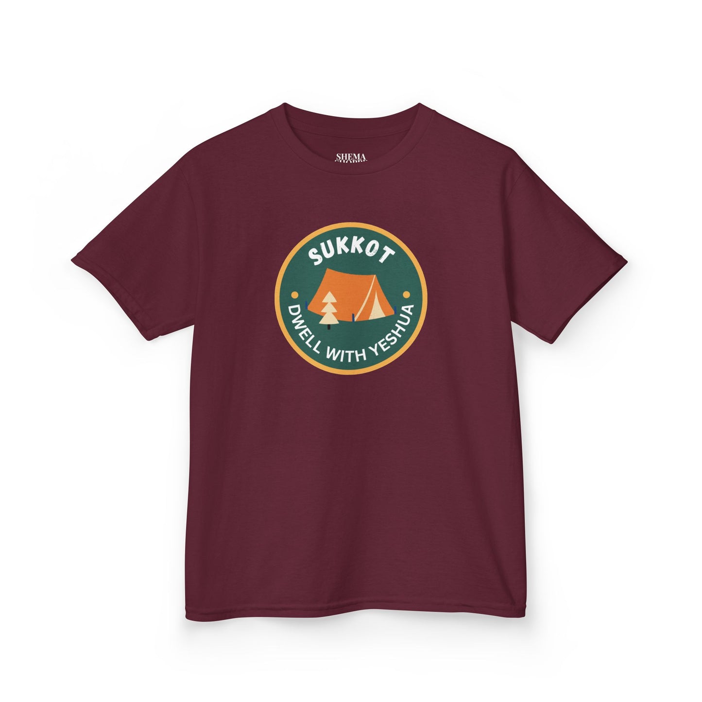 Kids Sukkot Tee — 'Sukkot - Dwell with Yeshua' Camping Badge Shirt