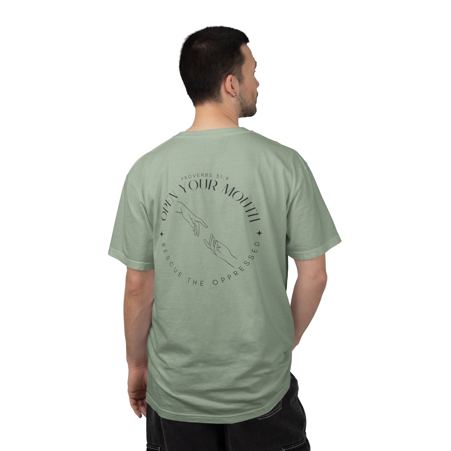Open your Mouth Garment-Dyed T-Shirt — Rescue the Oppressed Back Print