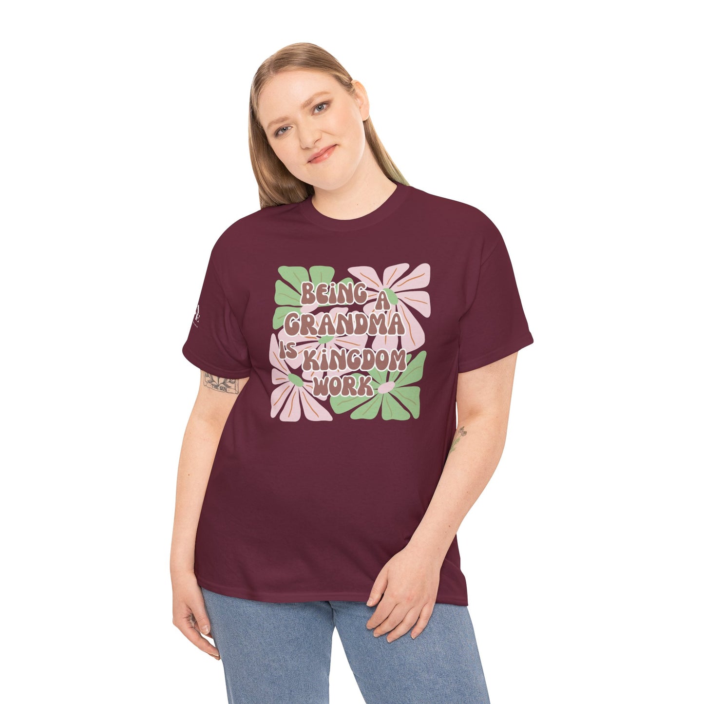 Being A Grandma Is Kingdom Work T-Shirt — Floral Retro Grandmother Appreciation Gift
