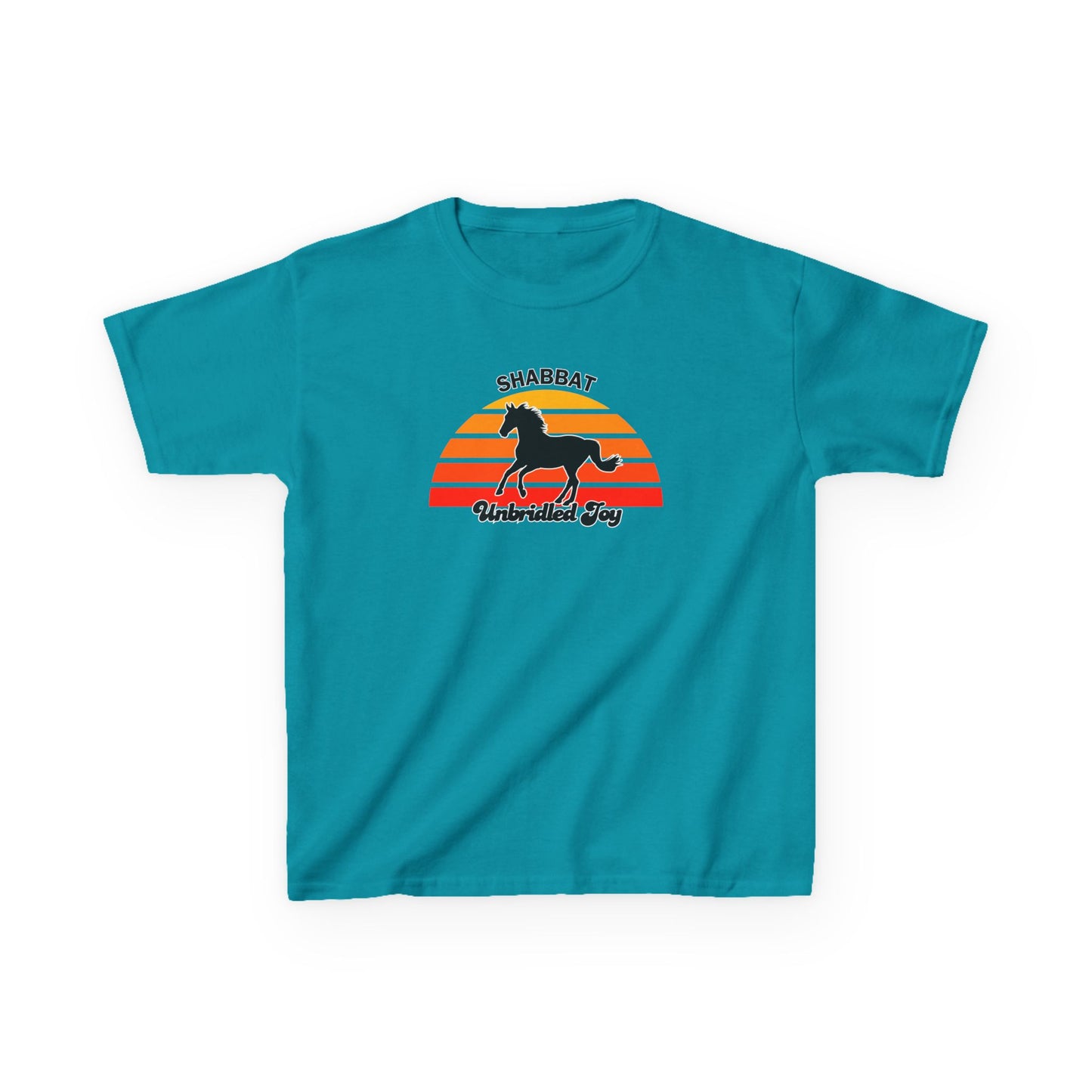 Kids T‑Shirt — 'Shabbat Unbridled Joy' Horse Sunset Graphic