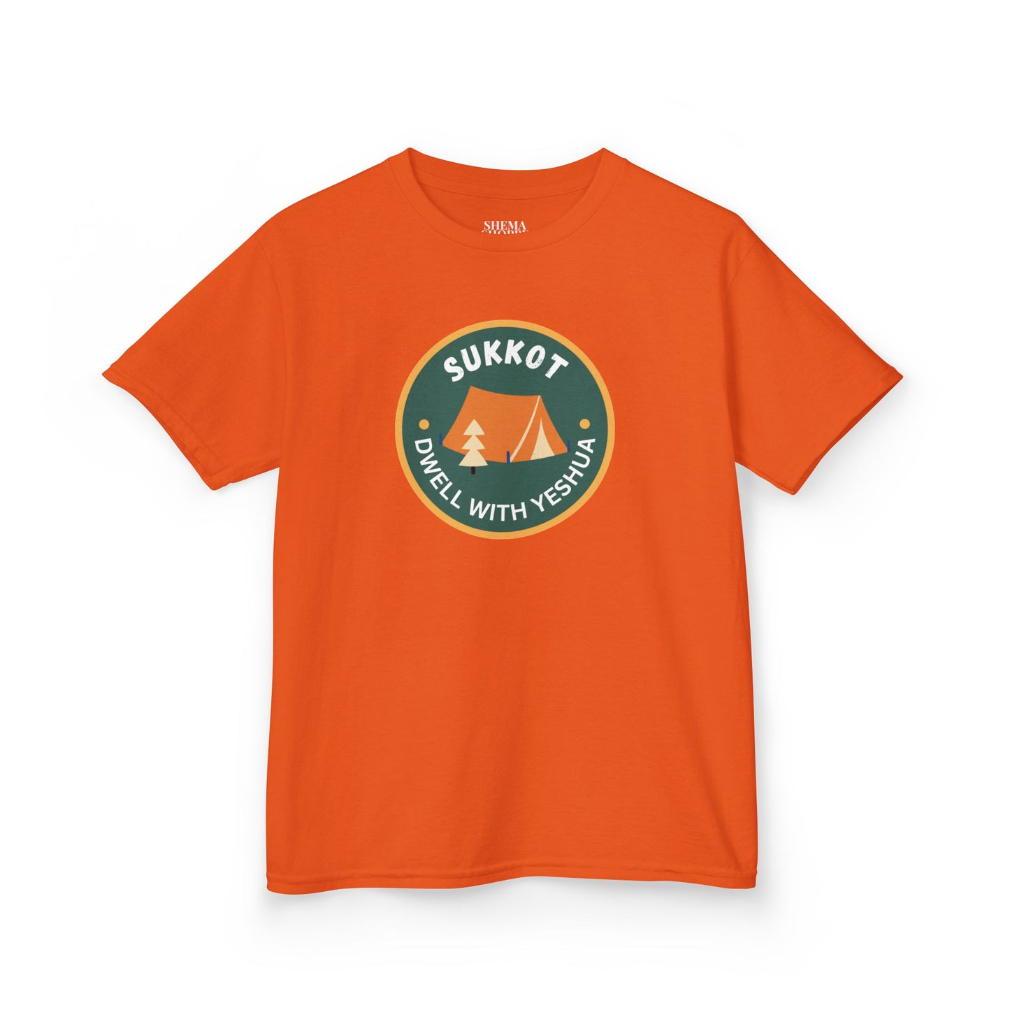 Kids Sukkot Tee — 'Sukkot - Dwell with Yeshua' Camping Badge Shirt