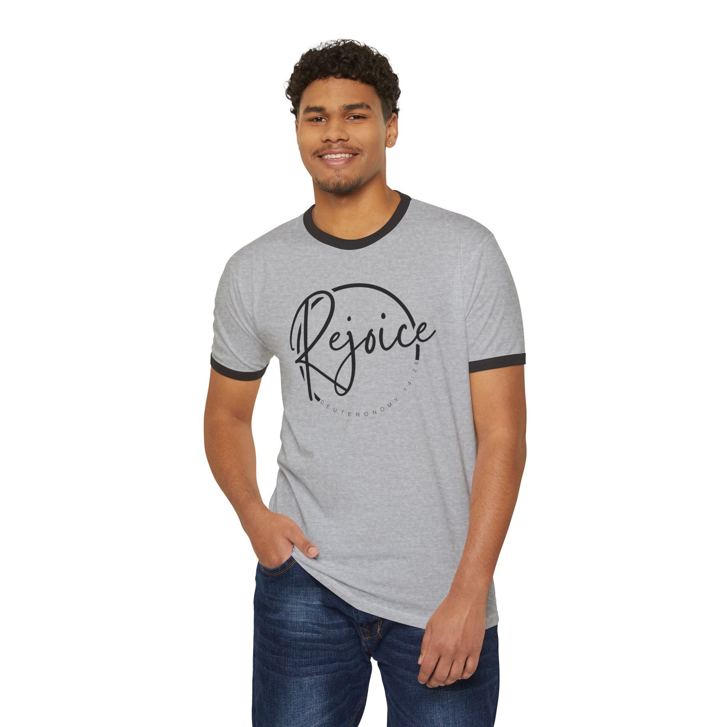 Rejoice Script Ringer Tee — Inspirational Torah Inspired Biblical Feast Graphic T-Shirt
