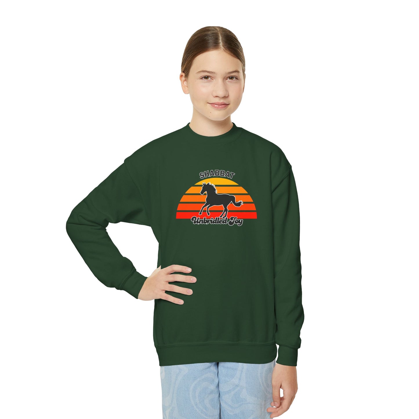 Youth Crewneck Sweatshirt — "Shabbat: Unbridled Joy" Retro Sunset Horse Design