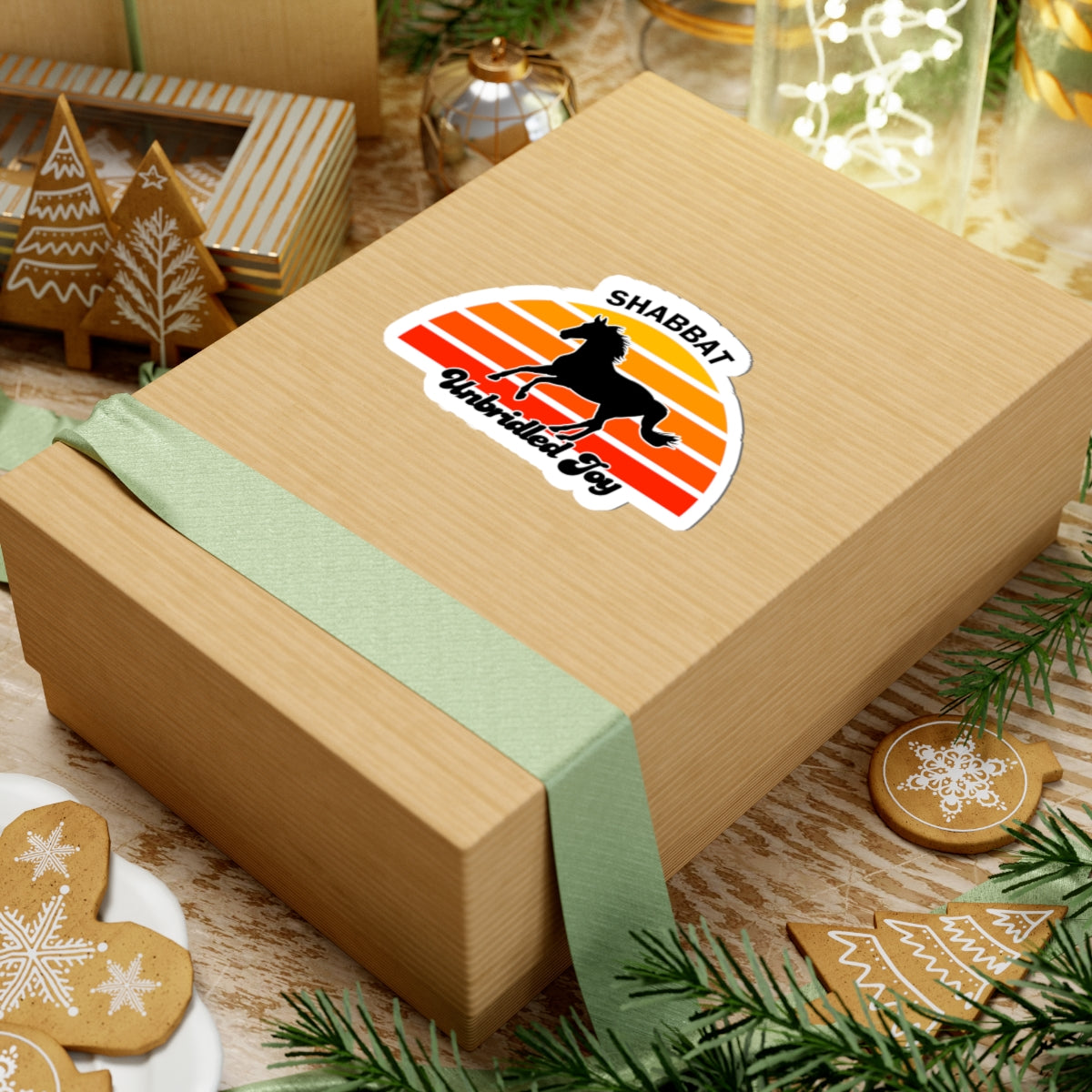 Shabbat Unbridled Joy Sticker — Retro Sunset Horse Kiss-Cut Sticker