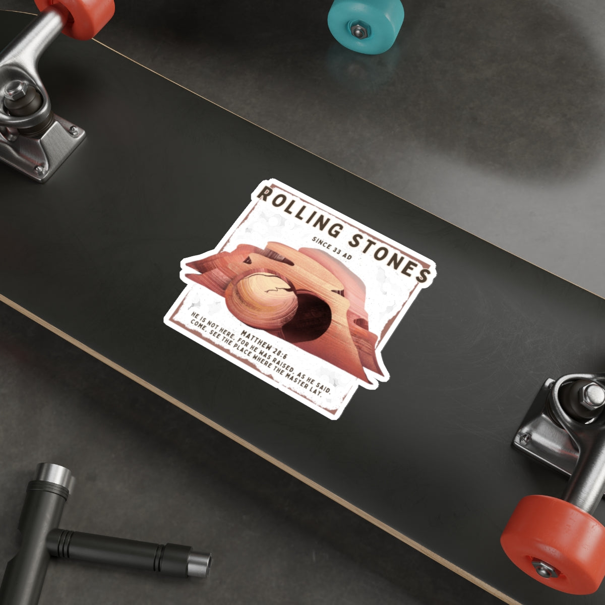 Rolling Stones Since 33 AD Die-Cut Sticker — Resurrection Tomb Illustration with Matthew 28:6