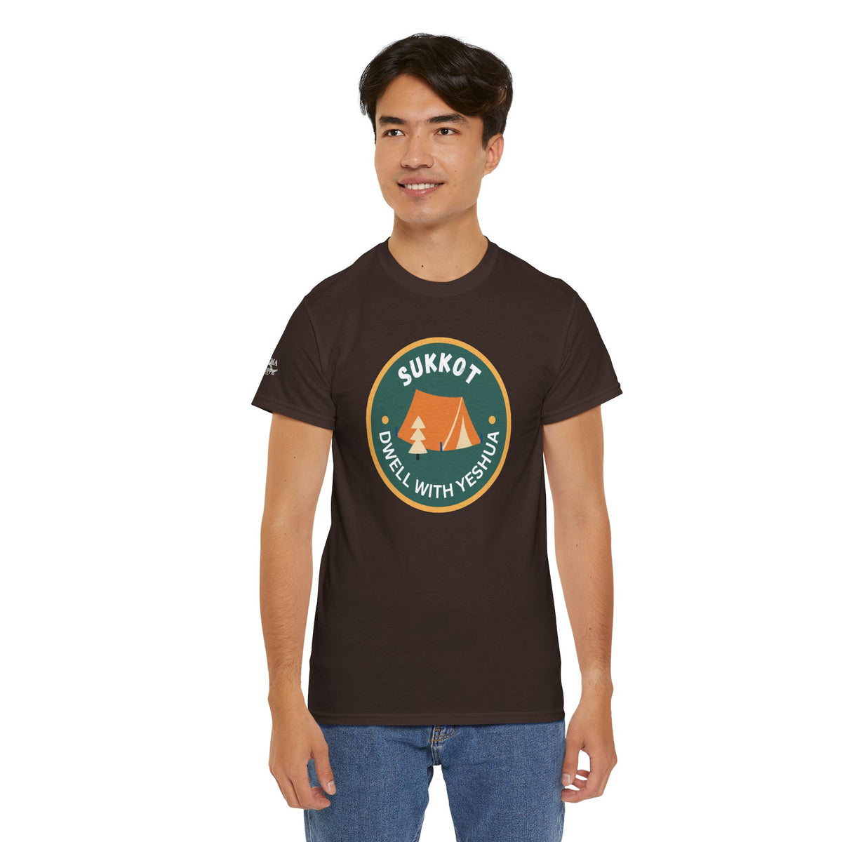 Sukkot Camping Tee — “Dwell With Yeshua” Biblical Feast T‑Shirt