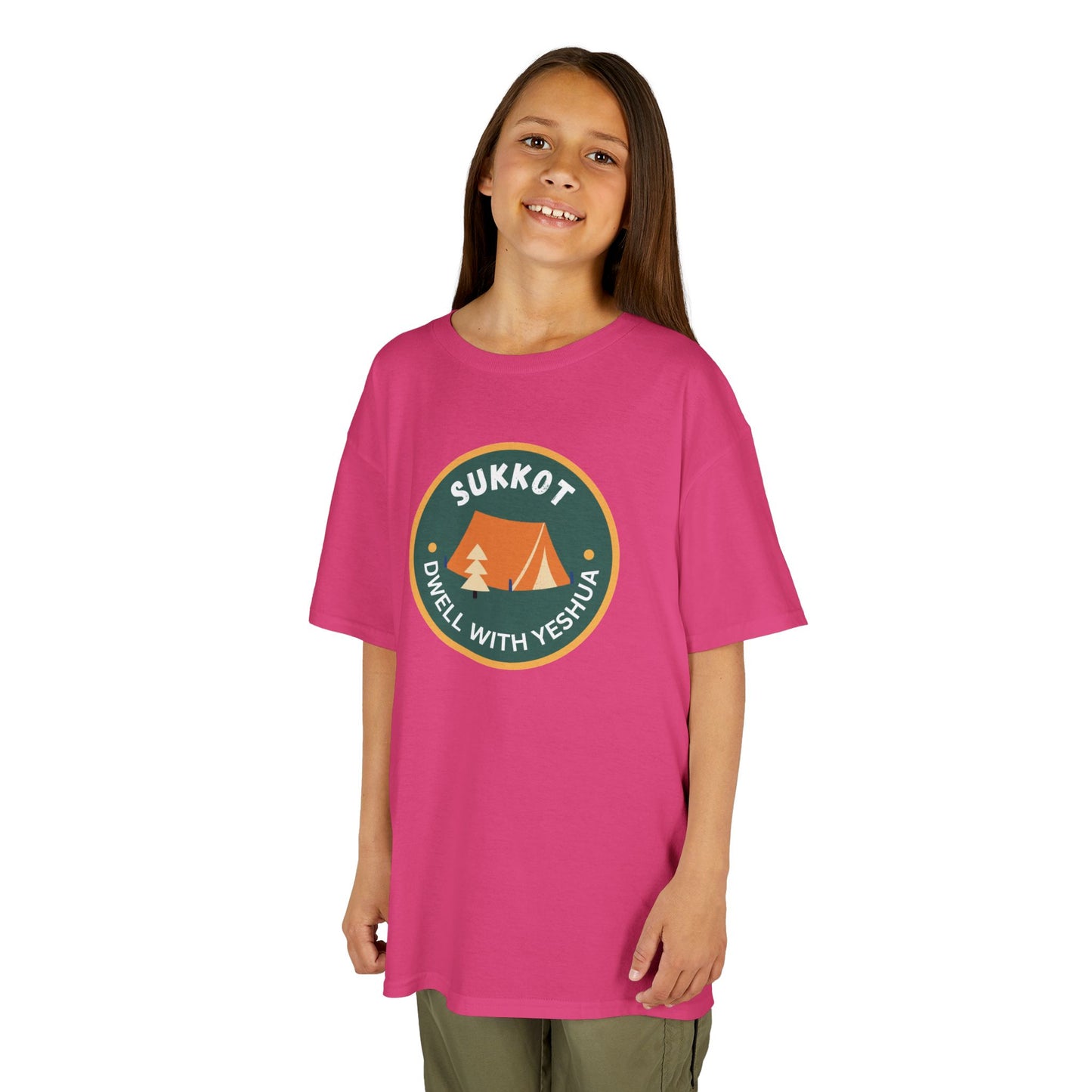 Kids Sukkot Tee — 'Sukkot - Dwell with Yeshua' Camping Badge Shirt