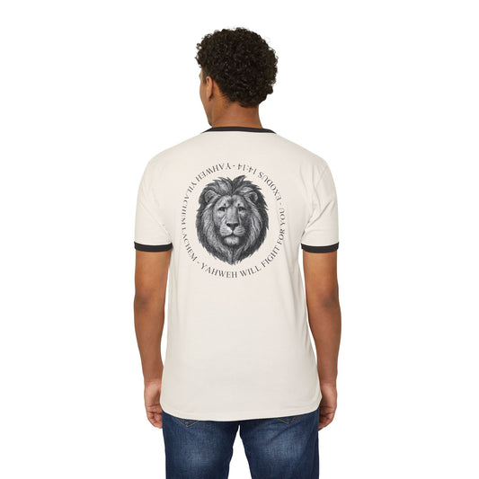 Ringer T-Shirt — Hebrew 'Yahweh Will Fight For You' with Lion Graphic Exodus 14:14