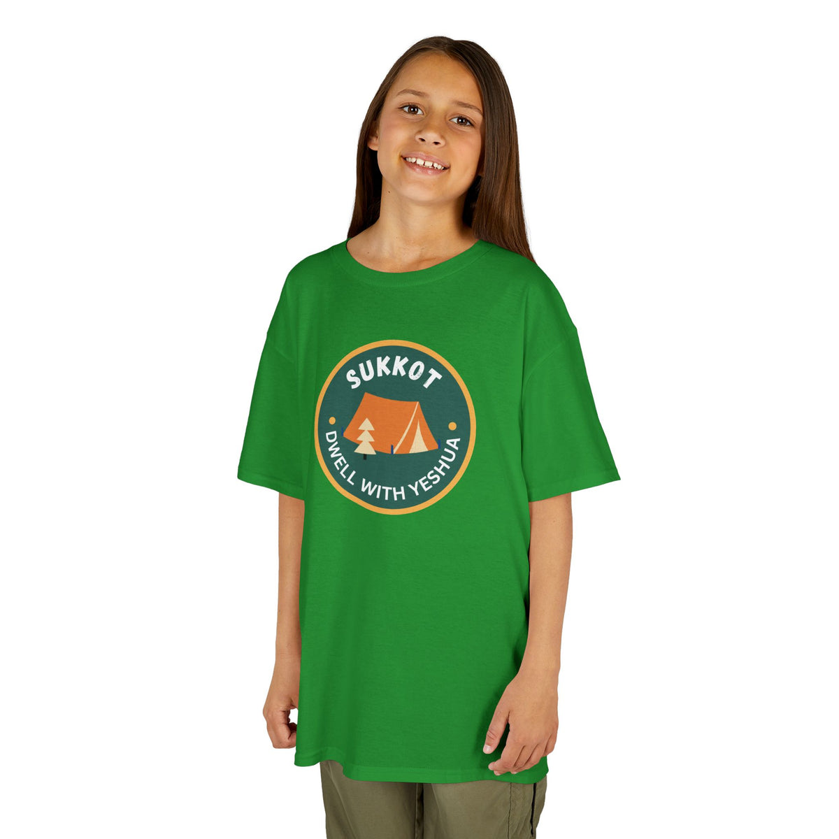 Kids Sukkot Tee — 'Sukkot - Dwell with Yeshua' Camping Badge Shirt