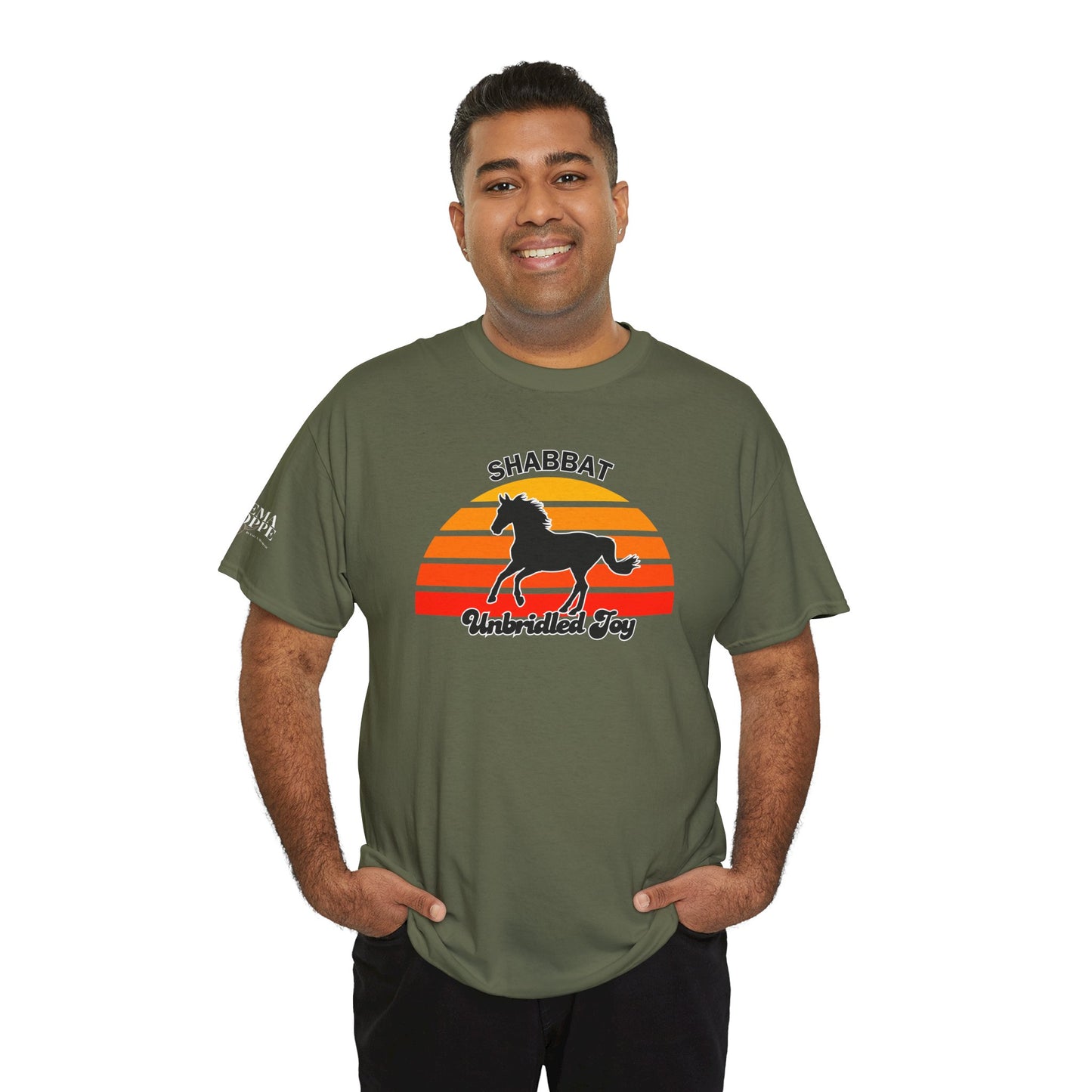 Shabbat Unbridled Joy Tee — Retro Horse Sabbath Sunset T‑Shirt