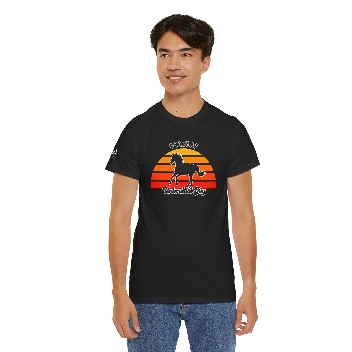 Shabbat Unbridled Joy Tee — Retro Horse Sabbath Sunset T‑Shirt