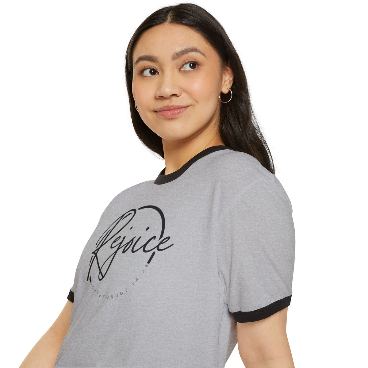 Rejoice Script Ringer Tee — Inspirational Torah Inspired Biblical Feast Graphic T-Shirt