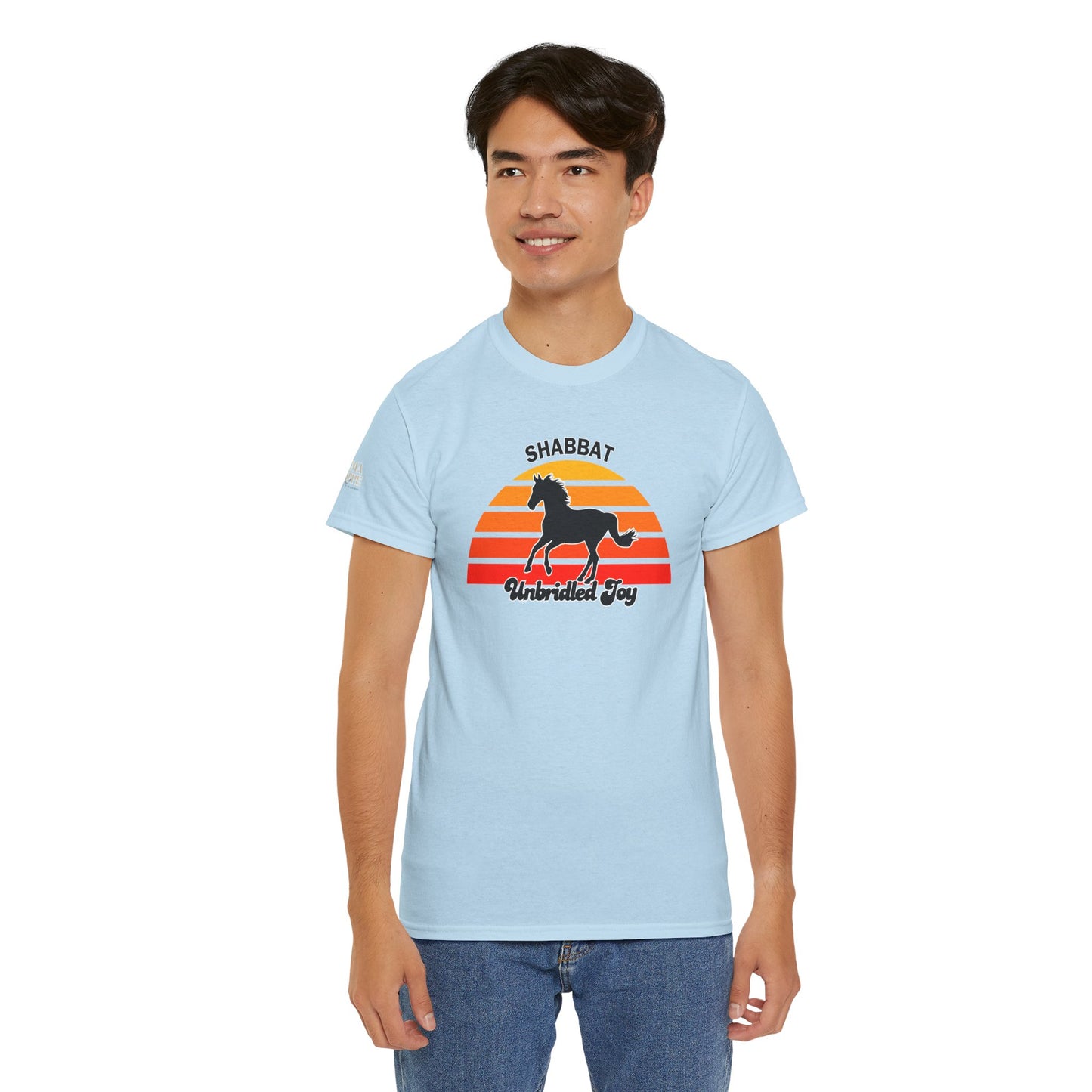 Shabbat Unbridled Joy Tee — Retro Horse Sabbath Sunset T‑Shirt