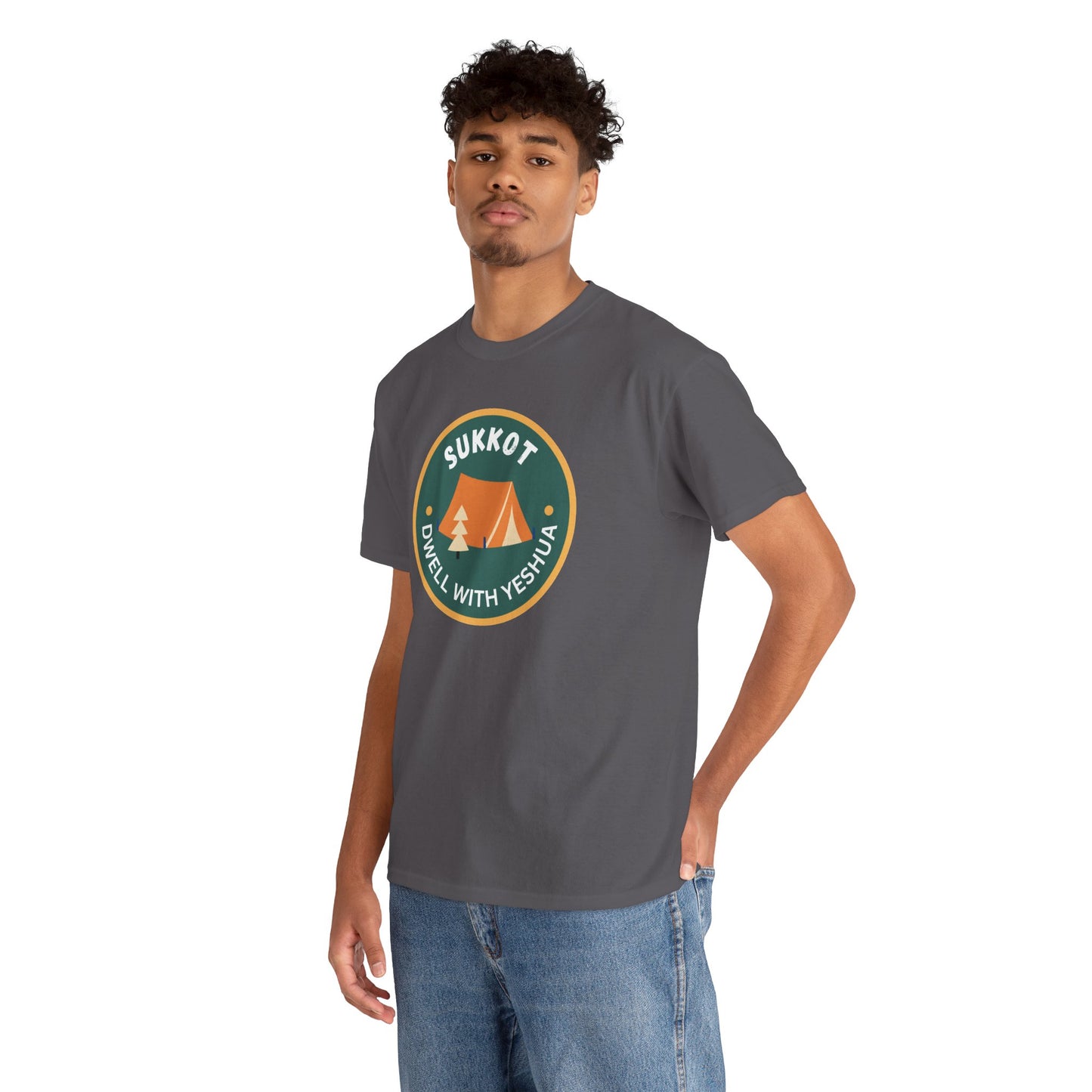 Sukkot Camping Tee — “Dwell With Yeshua” Biblical Feast T‑Shirt