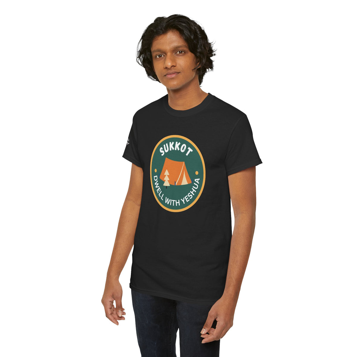 Sukkot Camping Tee — “Dwell With Yeshua” Biblical Feast T‑Shirt