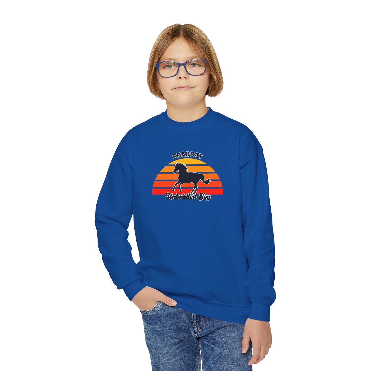 Youth Crewneck Sweatshirt — "Shabbat: Unbridled Joy" Retro Sunset Horse Design