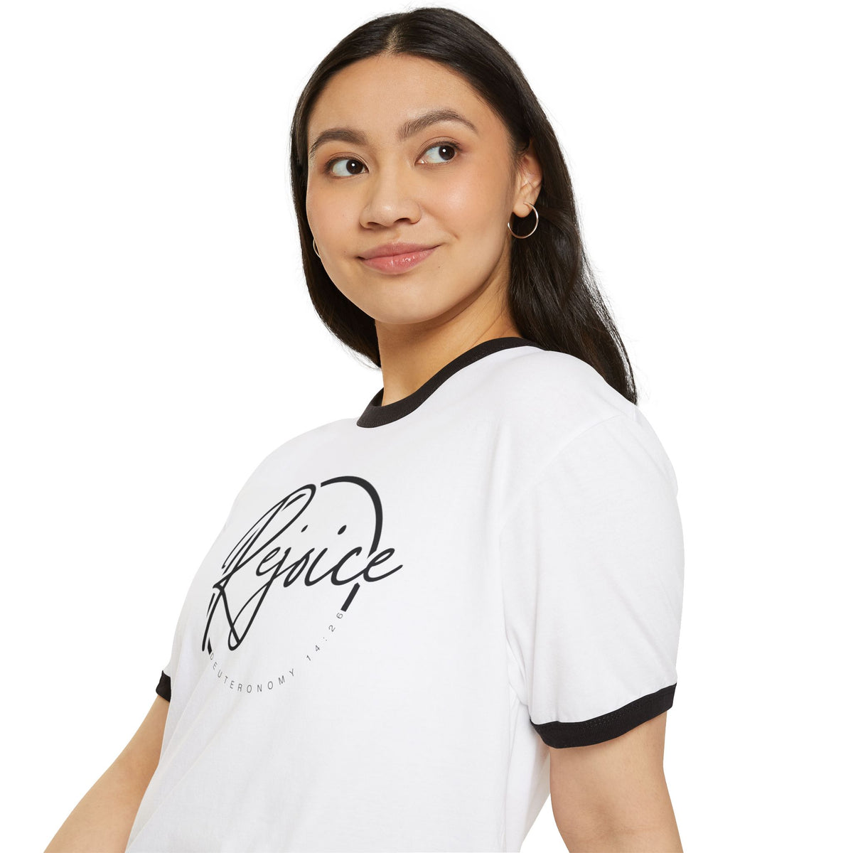 Rejoice Script Ringer Tee — Inspirational Torah Inspired Biblical Feast Graphic T-Shirt