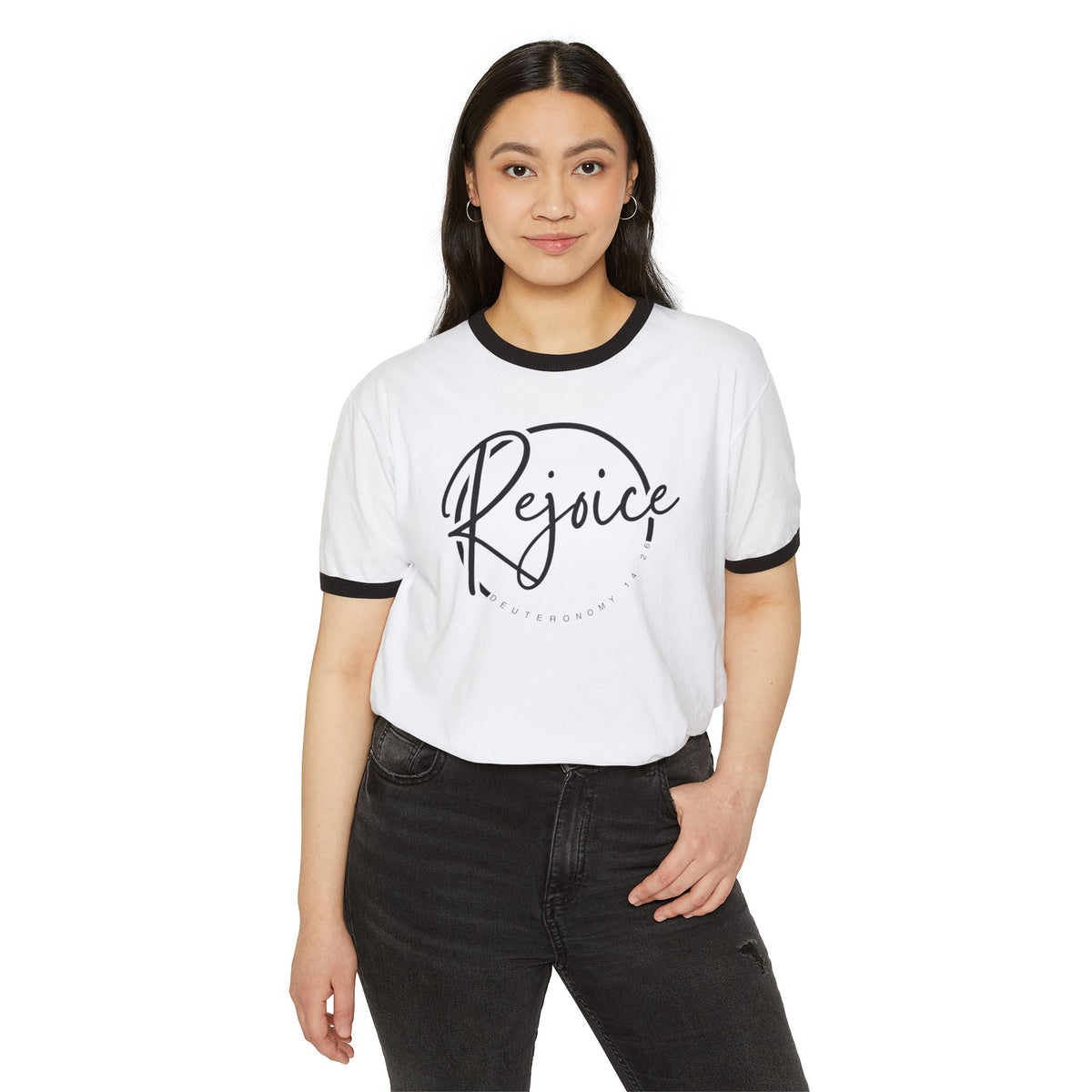Rejoice Script Ringer Tee — Inspirational Torah Inspired Biblical Feast Graphic T-Shirt