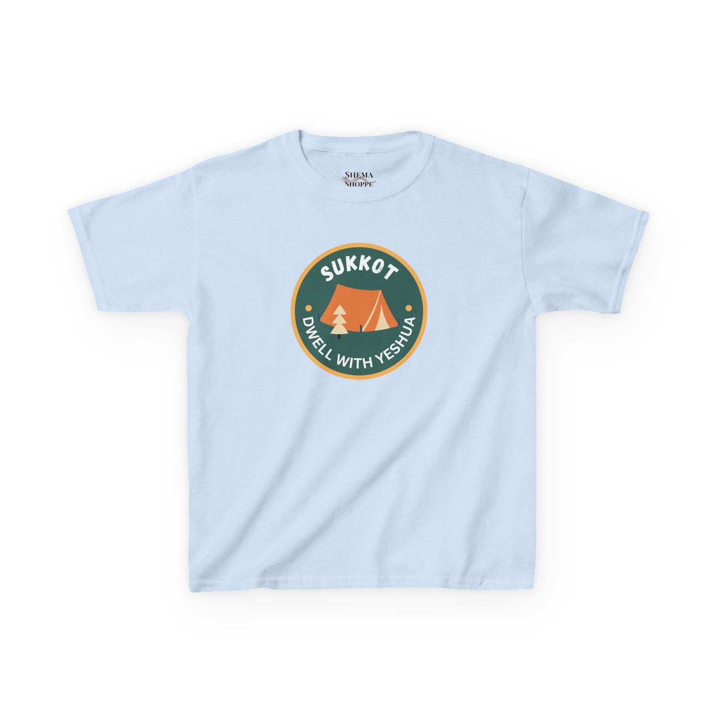 Kids Sukkot Tee — 'Sukkot - Dwell with Yeshua' Camping Badge Shirt