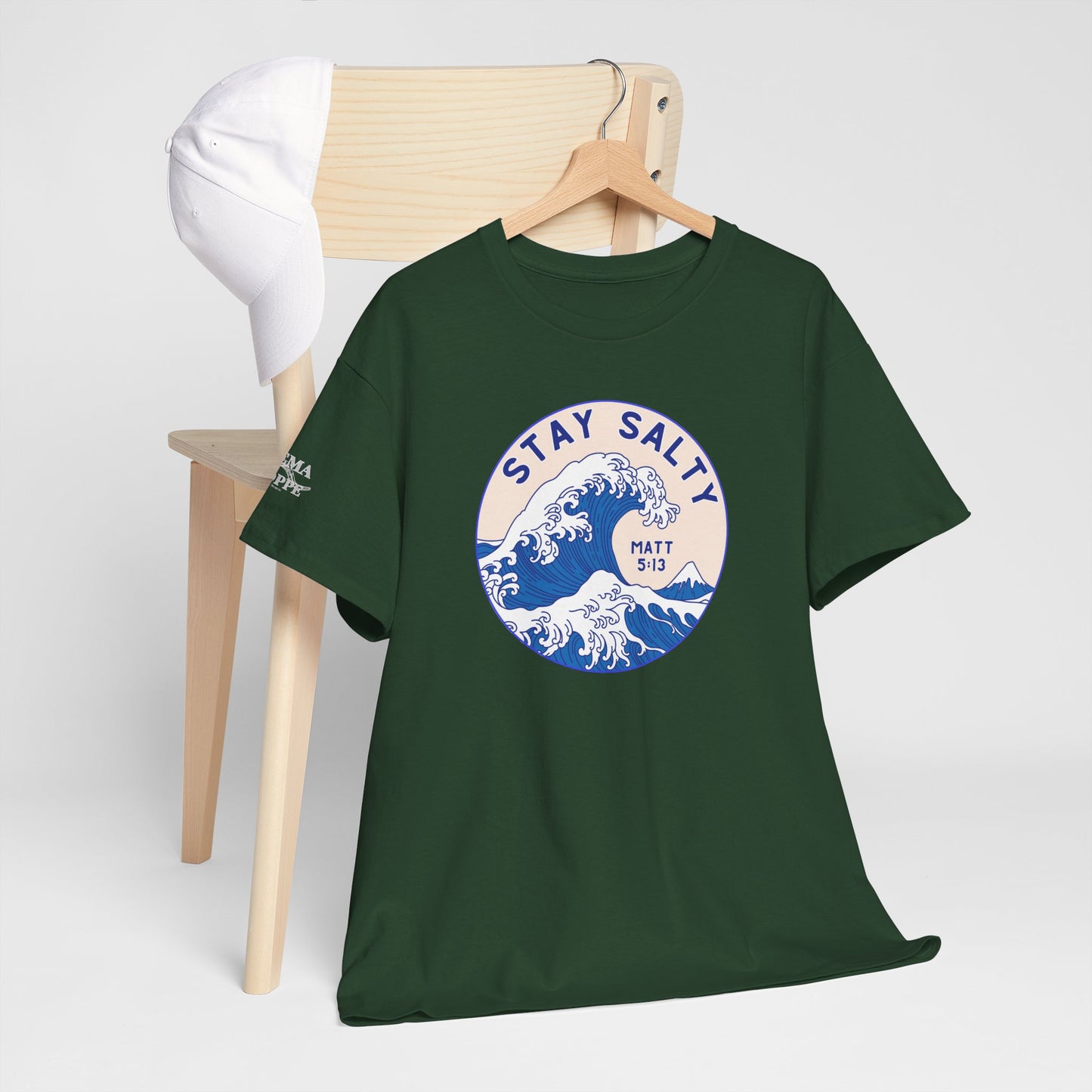 Stay Salty Surf T-Shirt — Coastal Wave Graphic with Matthew 5:13 (Hokusai-Inspired)