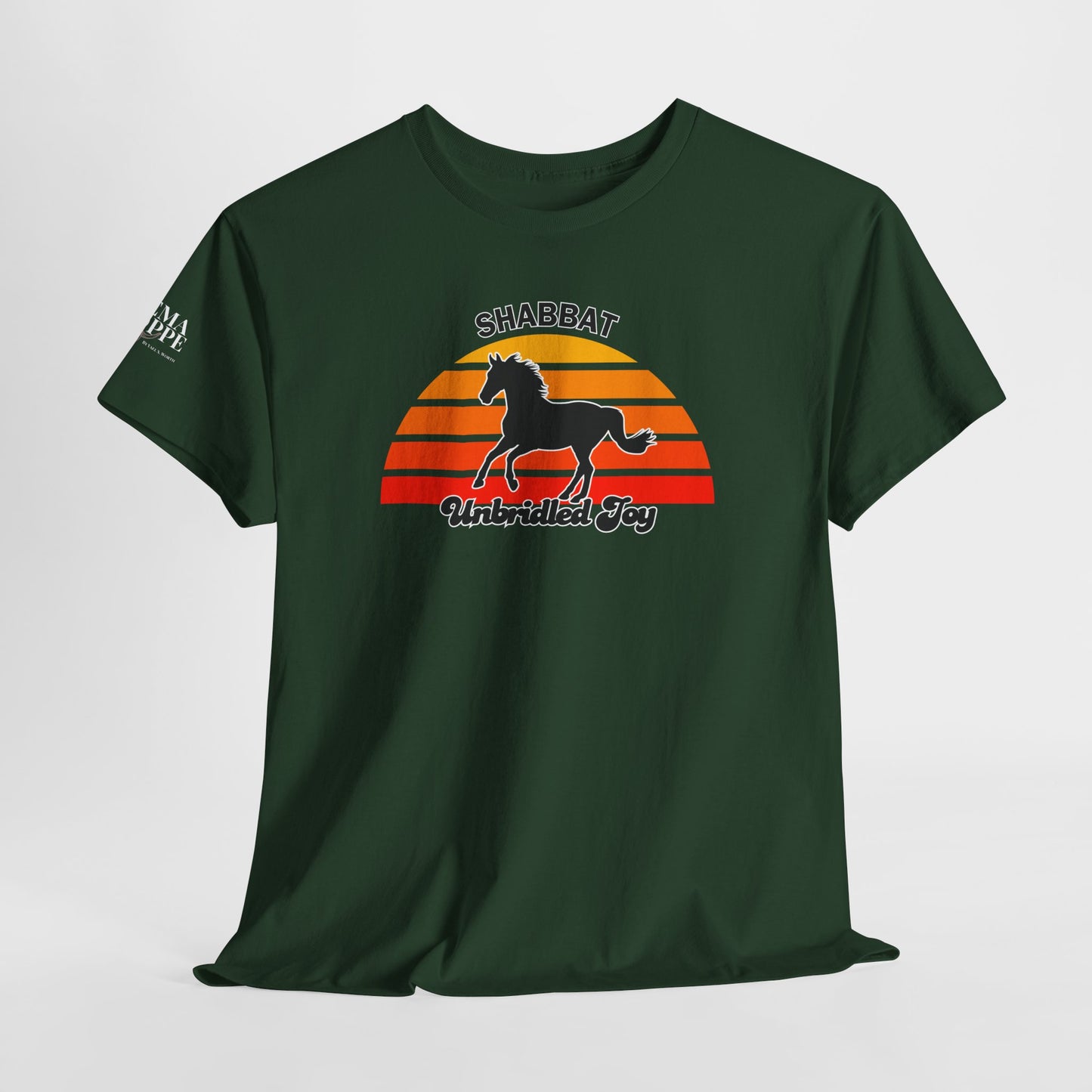 Shabbat Unbridled Joy Tee — Retro Horse Sabbath Sunset T‑Shirt