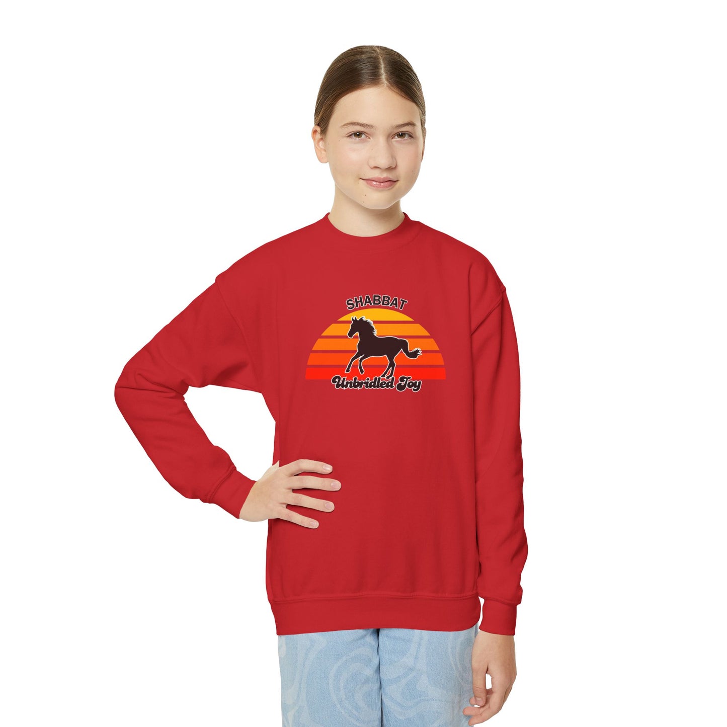 Youth Crewneck Sweatshirt — "Shabbat: Unbridled Joy" Retro Sunset Horse Design