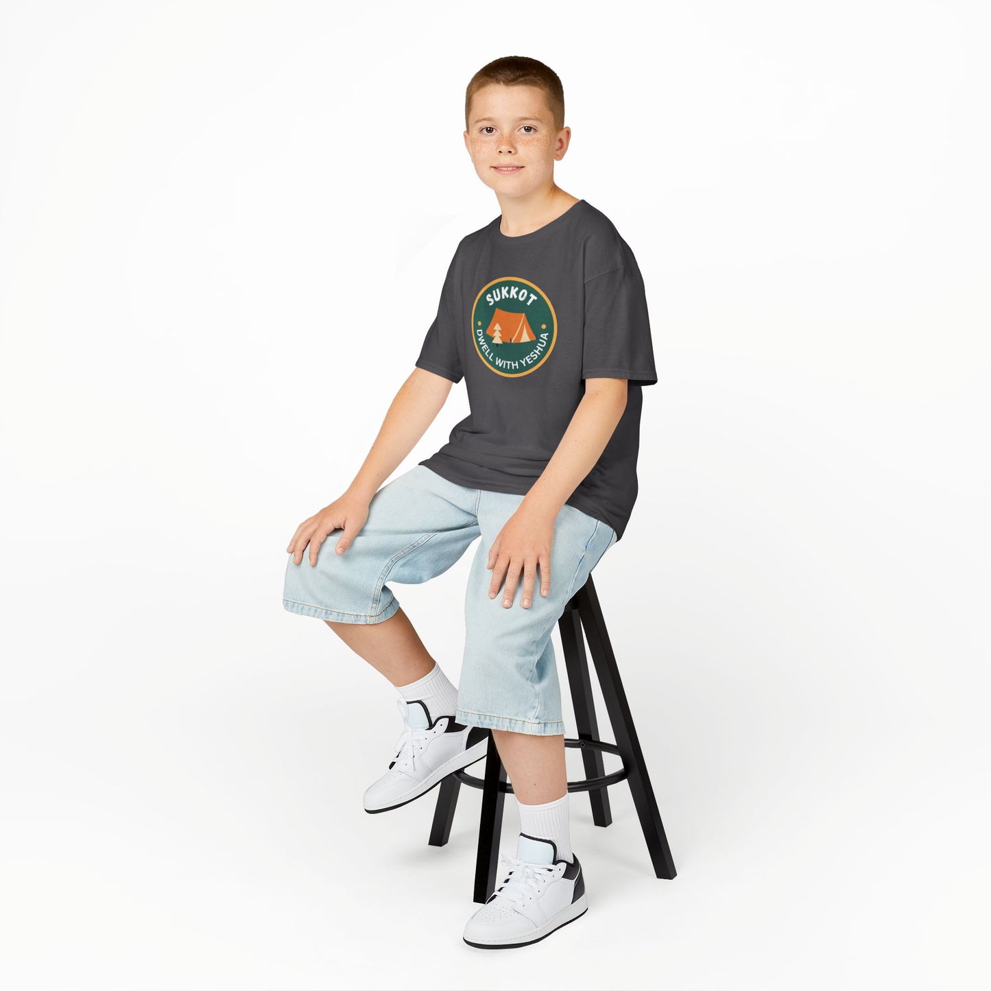 Kids Sukkot Tee — 'Sukkot - Dwell with Yeshua' Camping Badge Shirt