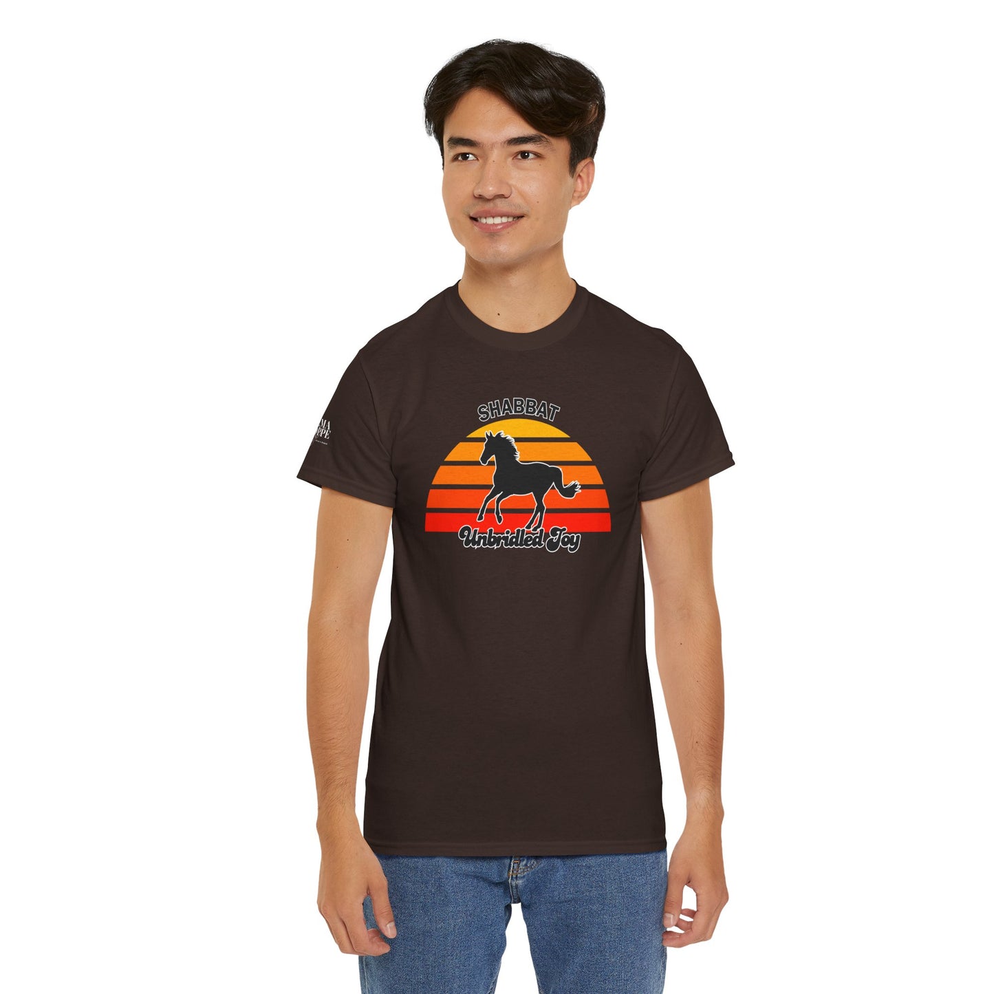 Shabbat Unbridled Joy Tee — Retro Horse Sabbath Sunset T‑Shirt