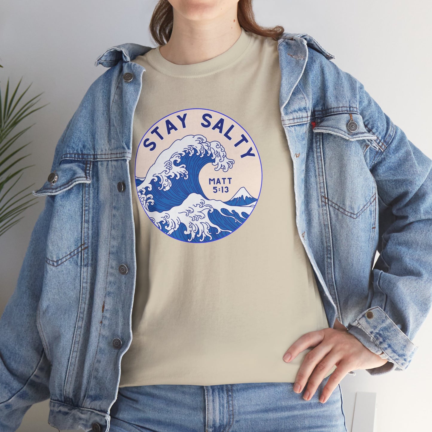 Stay Salty Surf T-Shirt — Coastal Wave Graphic with Matthew 5:13 (Hokusai-Inspired)