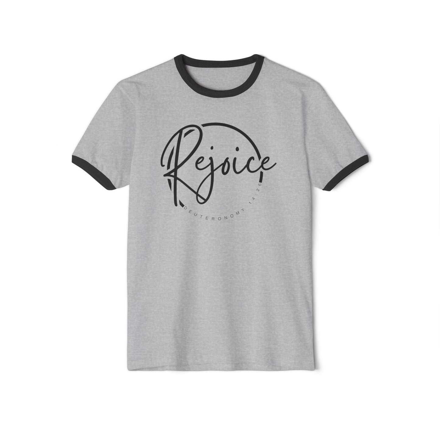 Rejoice Script Ringer Tee — Inspirational Torah Inspired Biblical Feast Graphic T-Shirt