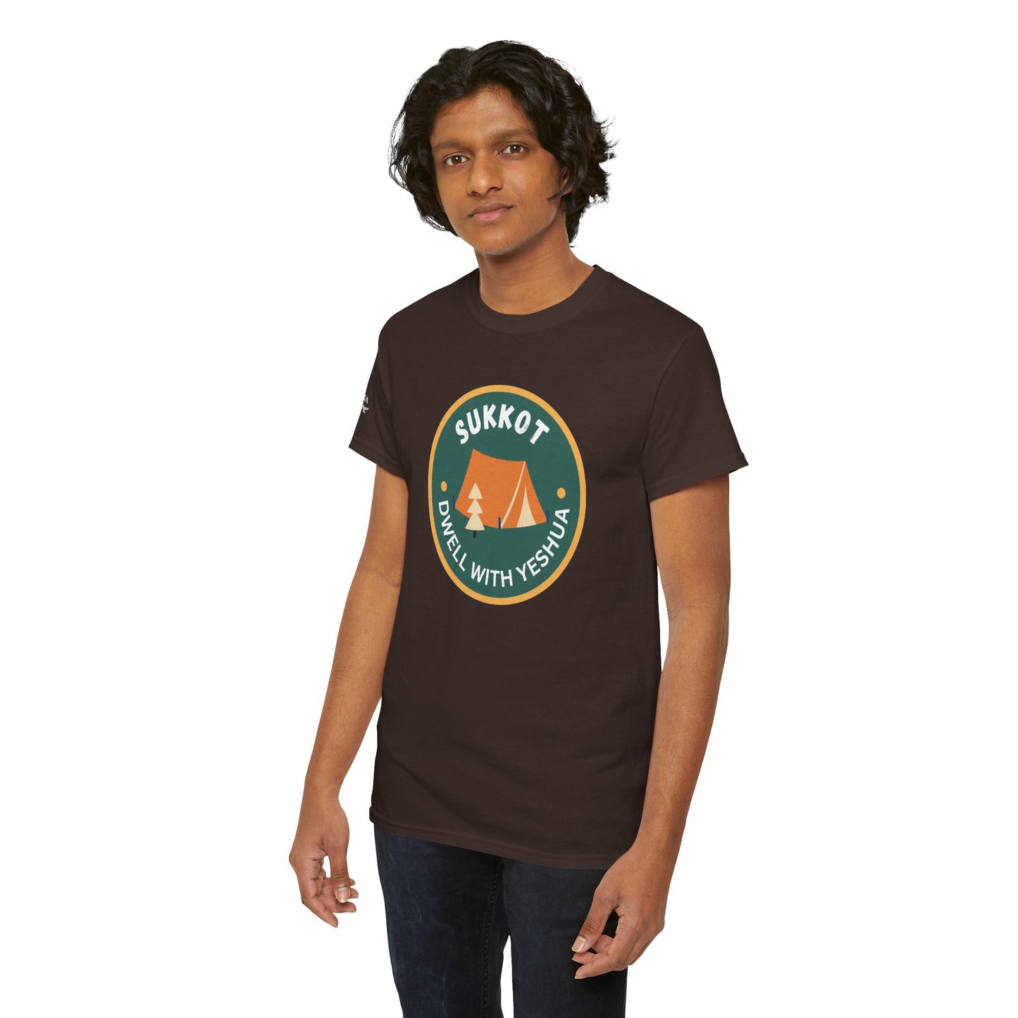 Sukkot Camping Tee — “Dwell With Yeshua” Biblical Feast T‑Shirt