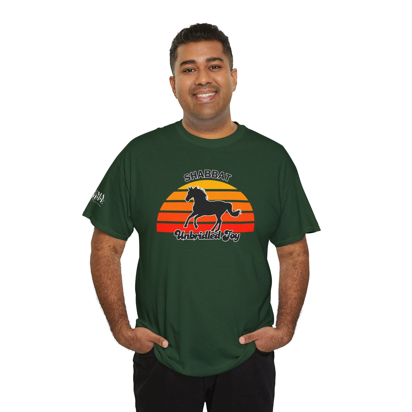 Shabbat Unbridled Joy Tee — Retro Horse Sabbath Sunset T‑Shirt