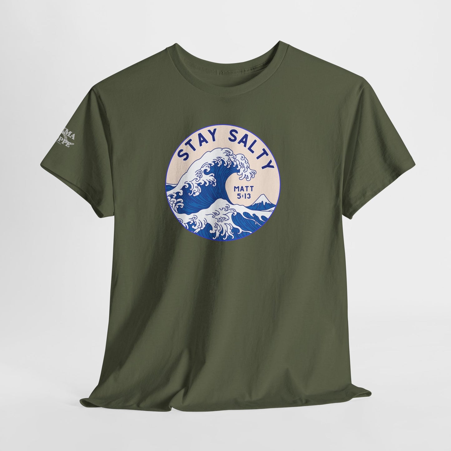 Stay Salty Surf T-Shirt — Coastal Wave Graphic with Matthew 5:13 (Hokusai-Inspired)