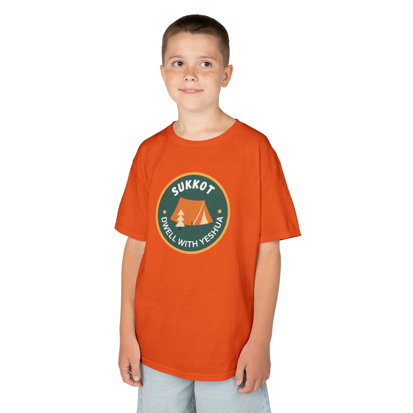 Kids Sukkot Tee — 'Sukkot - Dwell with Yeshua' Camping Badge Shirt