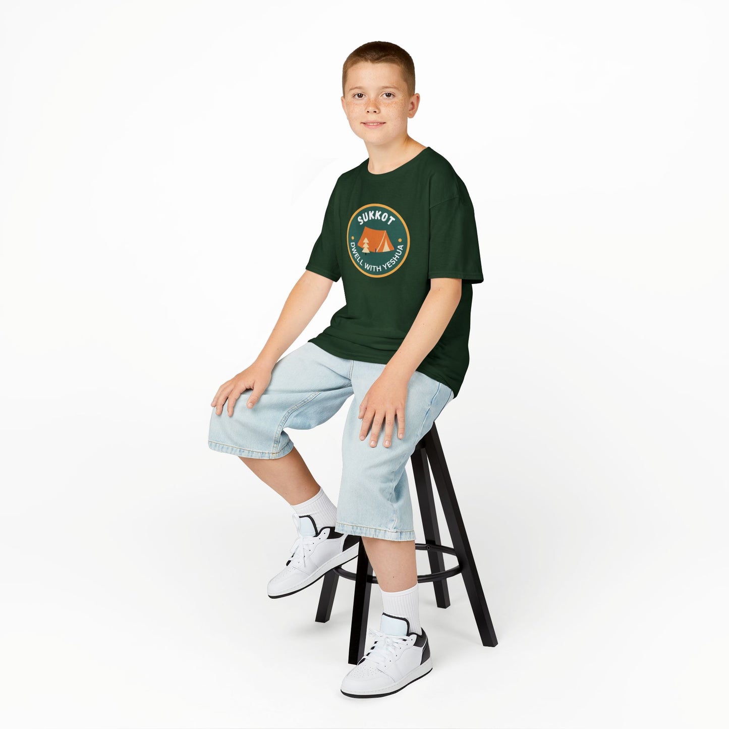Kids Sukkot Tee — 'Sukkot - Dwell with Yeshua' Camping Badge Shirt