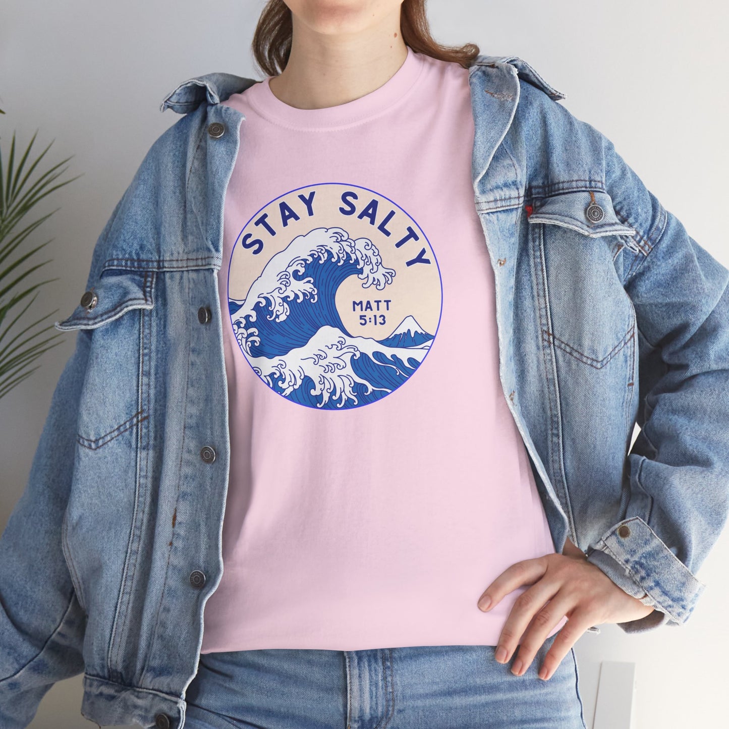 Stay Salty Surf T-Shirt — Coastal Wave Graphic with Matthew 5:13 (Hokusai-Inspired)
