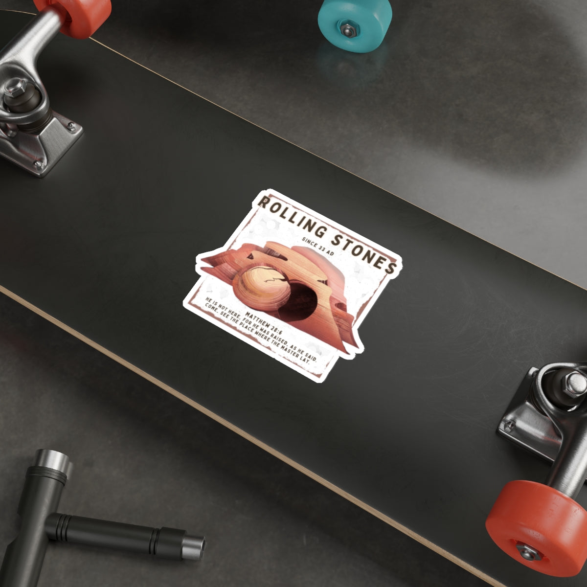 Rolling Stones Since 33 AD Die-Cut Sticker — Resurrection Tomb Illustration with Matthew 28:6
