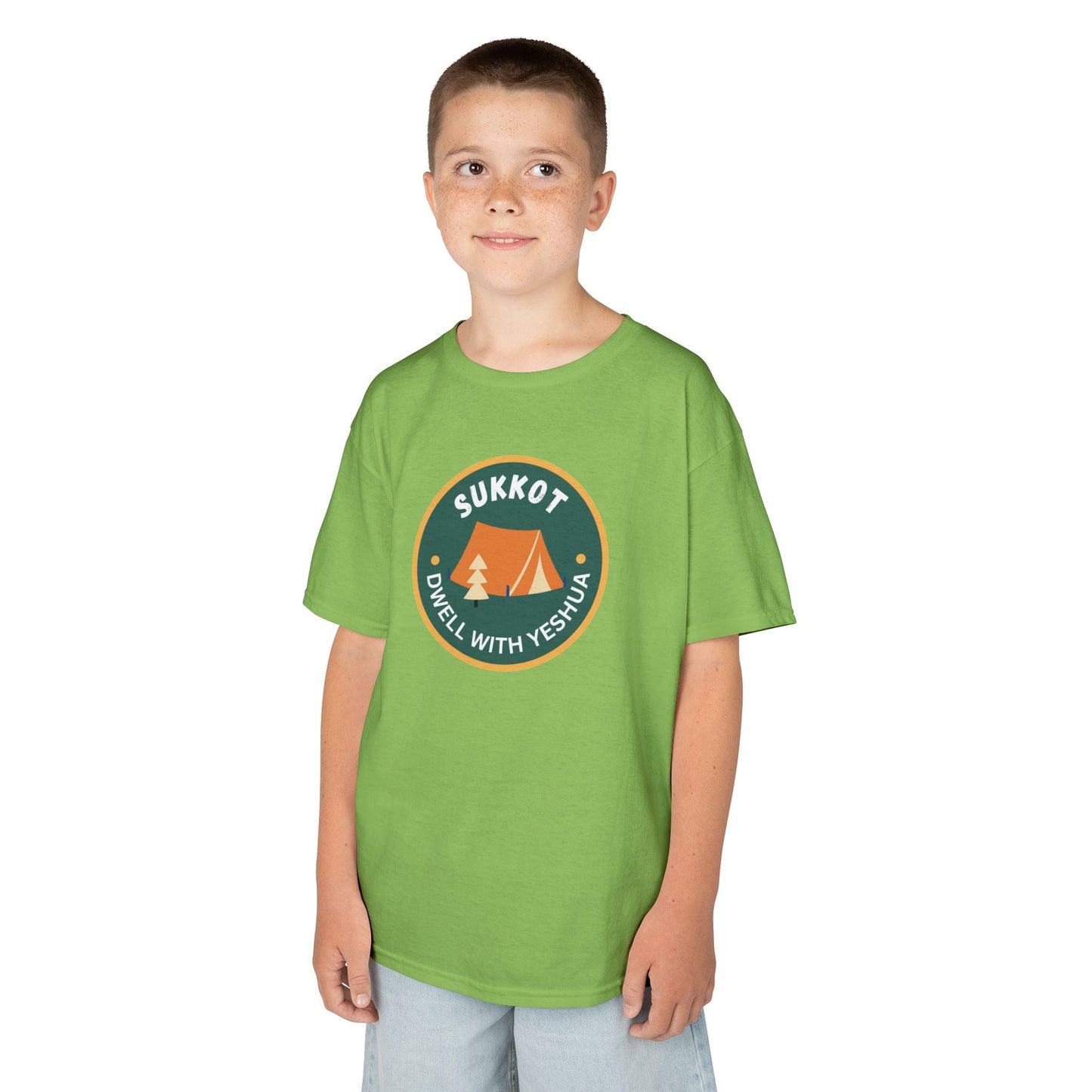 Kids Sukkot Tee — 'Sukkot - Dwell with Yeshua' Camping Badge Shirt