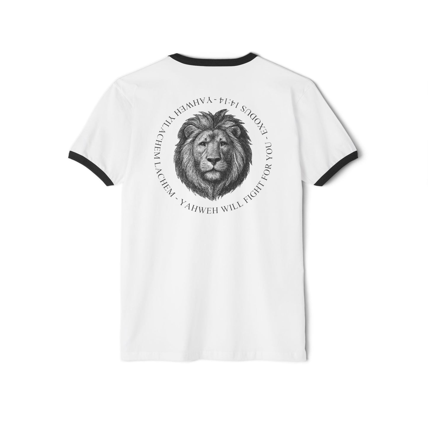 Ringer T-Shirt — Hebrew 'Yahweh Will Fight For You' with Lion Graphic Exodus 14:14