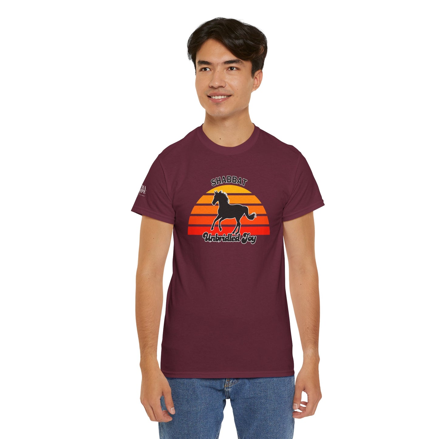Shabbat Unbridled Joy Tee — Retro Horse Sabbath Sunset T‑Shirt