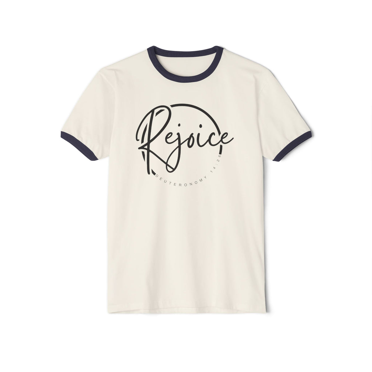 Rejoice Script Ringer Tee — Inspirational Torah Inspired Biblical Feast Graphic T-Shirt
